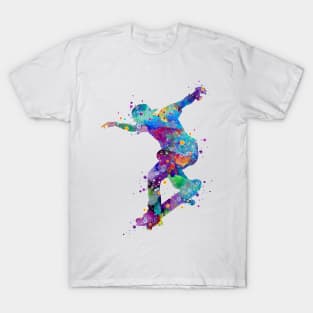 Boy Skateboard Colorful Watercolor Silhouette T-Shirt